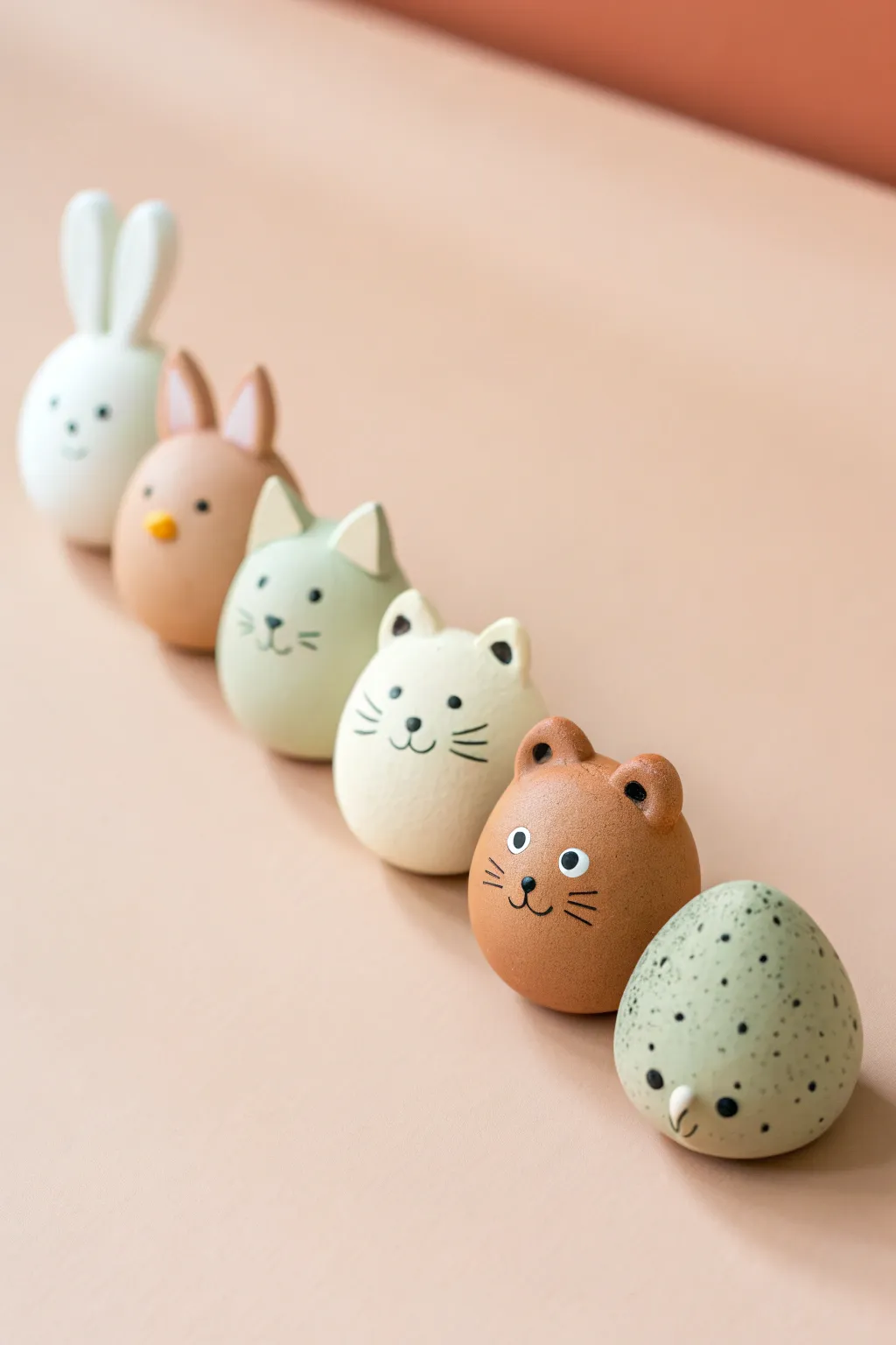 Mini clay animals from basic shapes, a sweet minimalist lineup for easy modeling clay ideas.