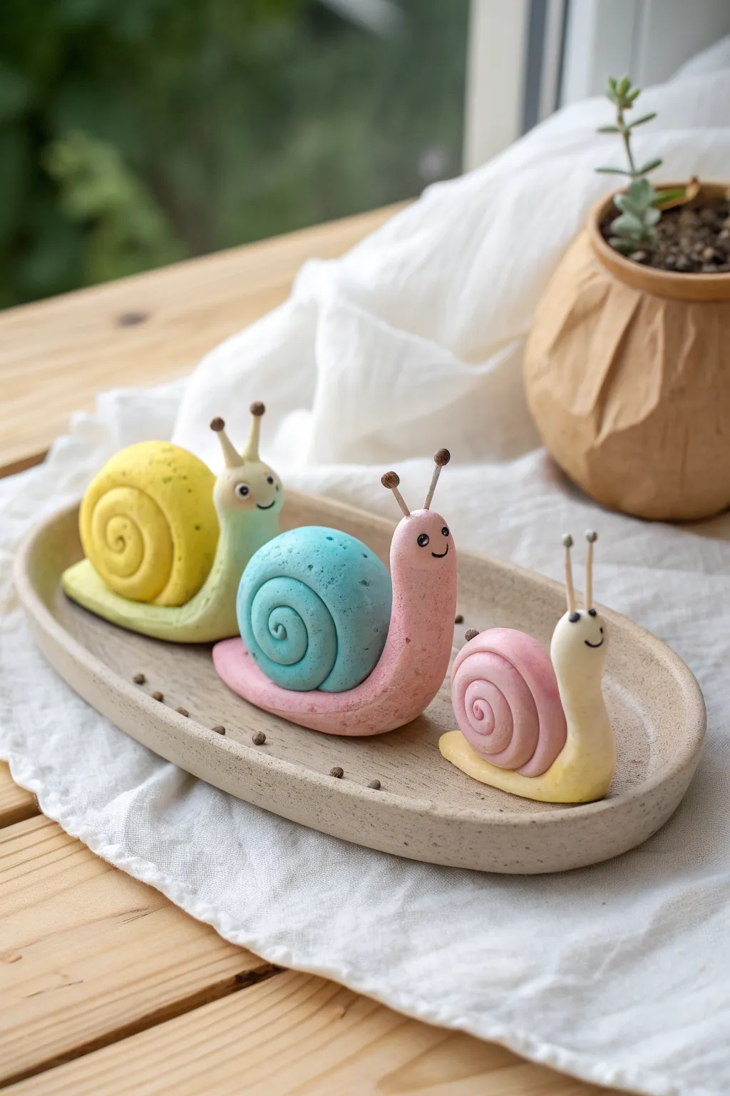Cute pastel coil clay snail family with simple dot eyes, an easy finished modeling clay idea for kids