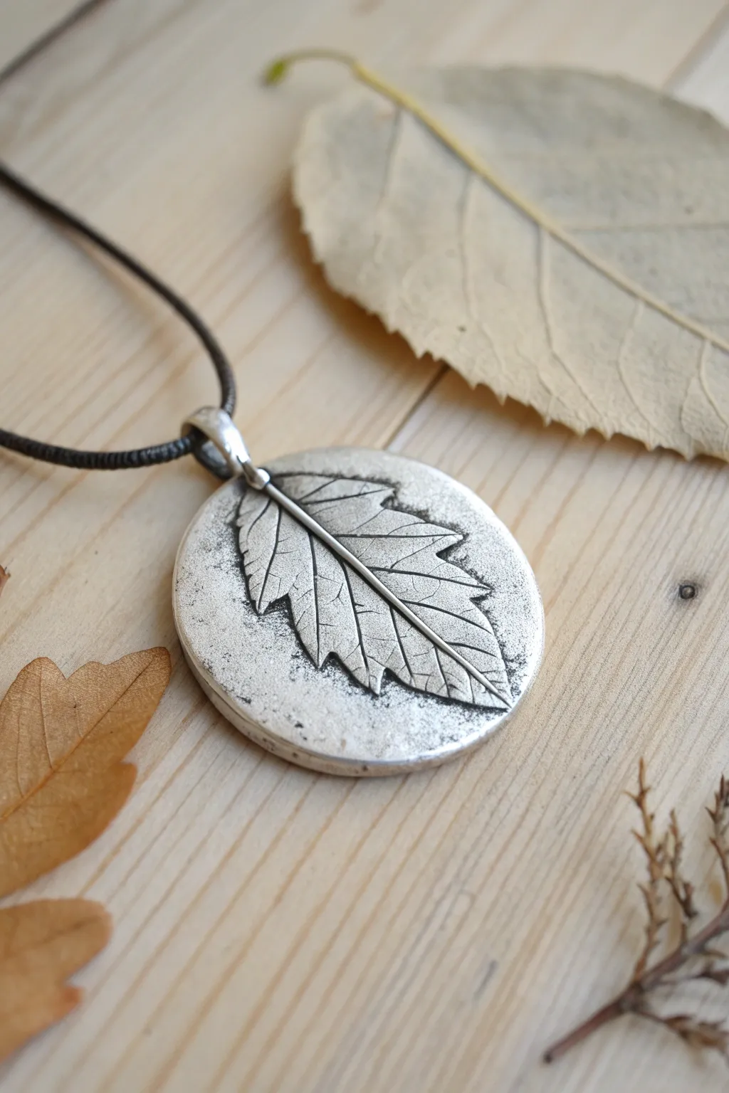 Matte silver leaf-impression pendant with dark patina veins, styled on pale wood with a real leaf.