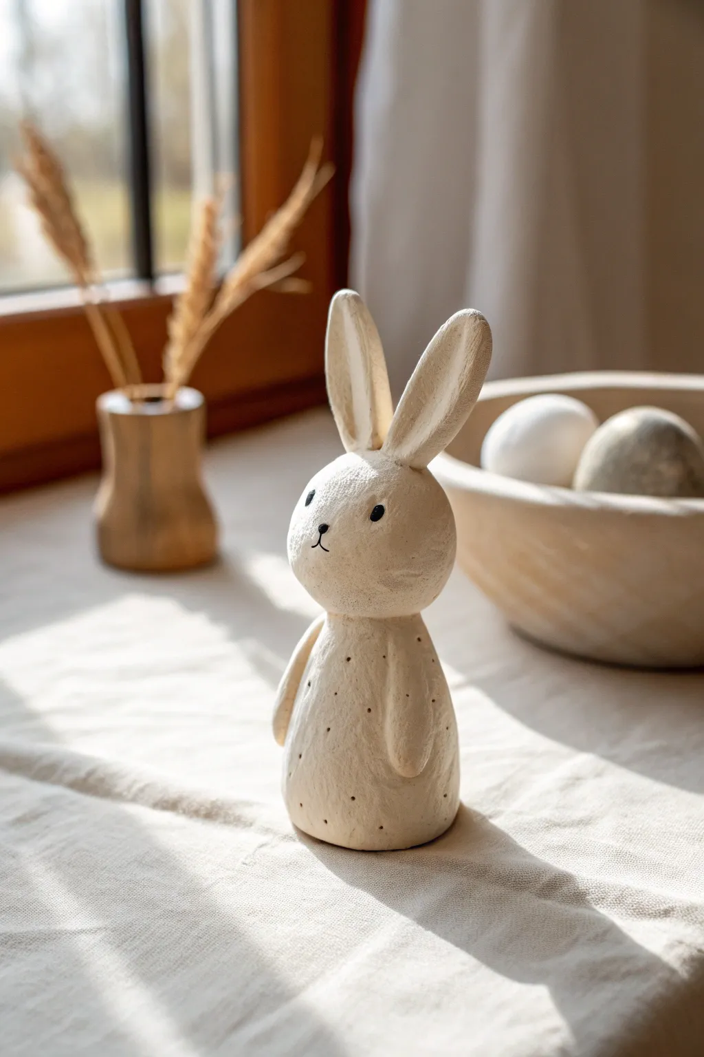Minimal one-ball clay bunny with dot eyes, styled in soft neutral tones for cozy Nordic decor.