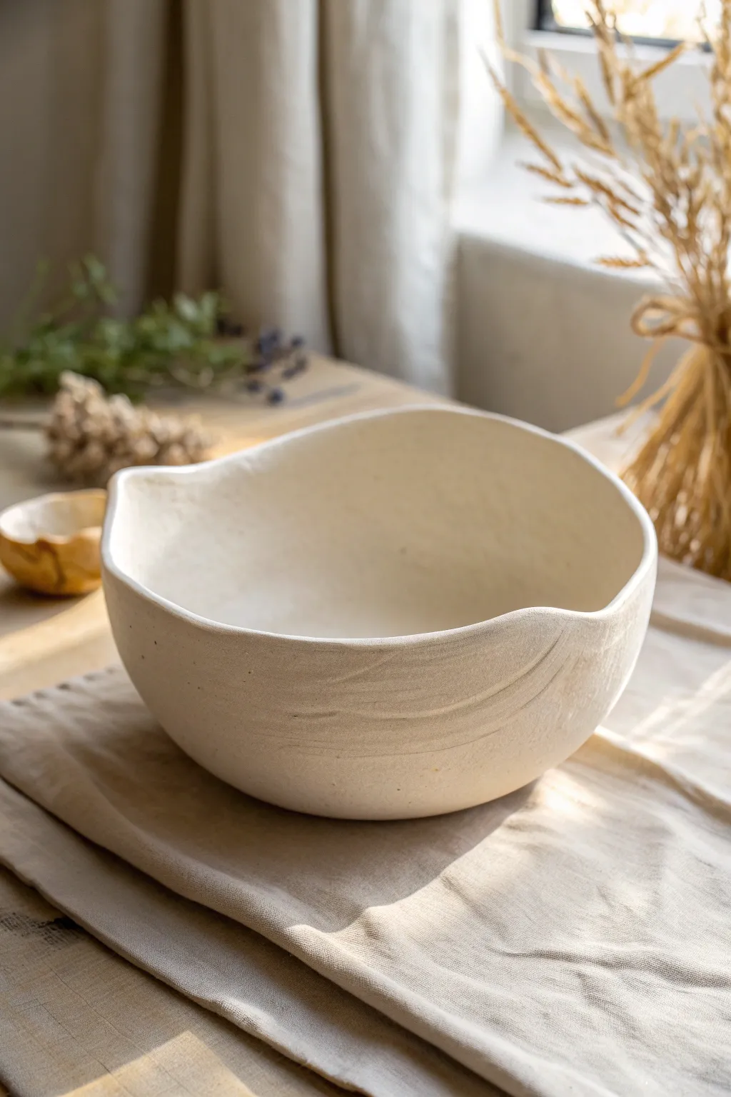 Classic draped slab bowl with a softly irregular rim, styled in calm Scandinavian neutrals