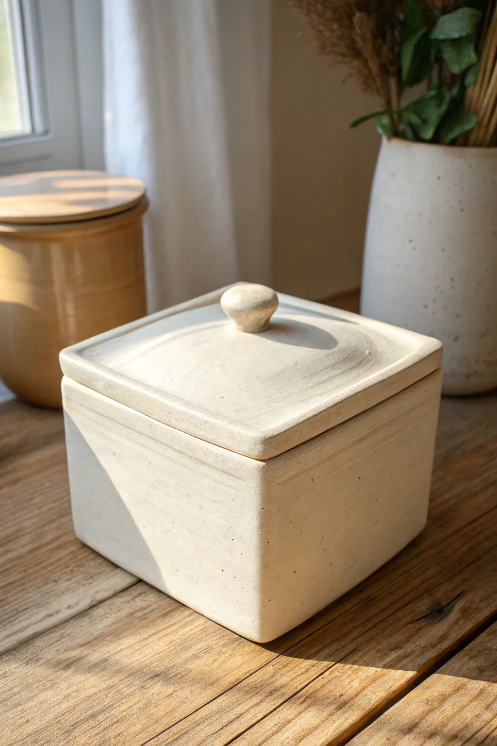 Classic slab box with a snug gallery lid, clean lines, and a simple knob in matte stoneware.