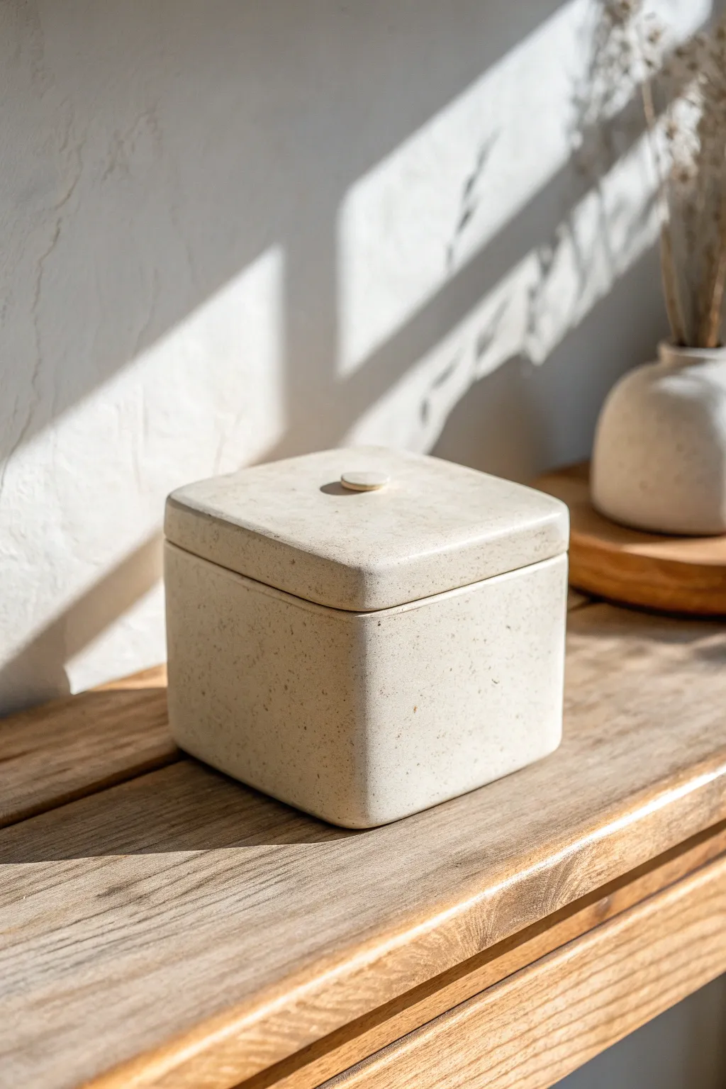 Classic slab-built lidded box with crisp corners and soft texture, styled in calm minimal tones.