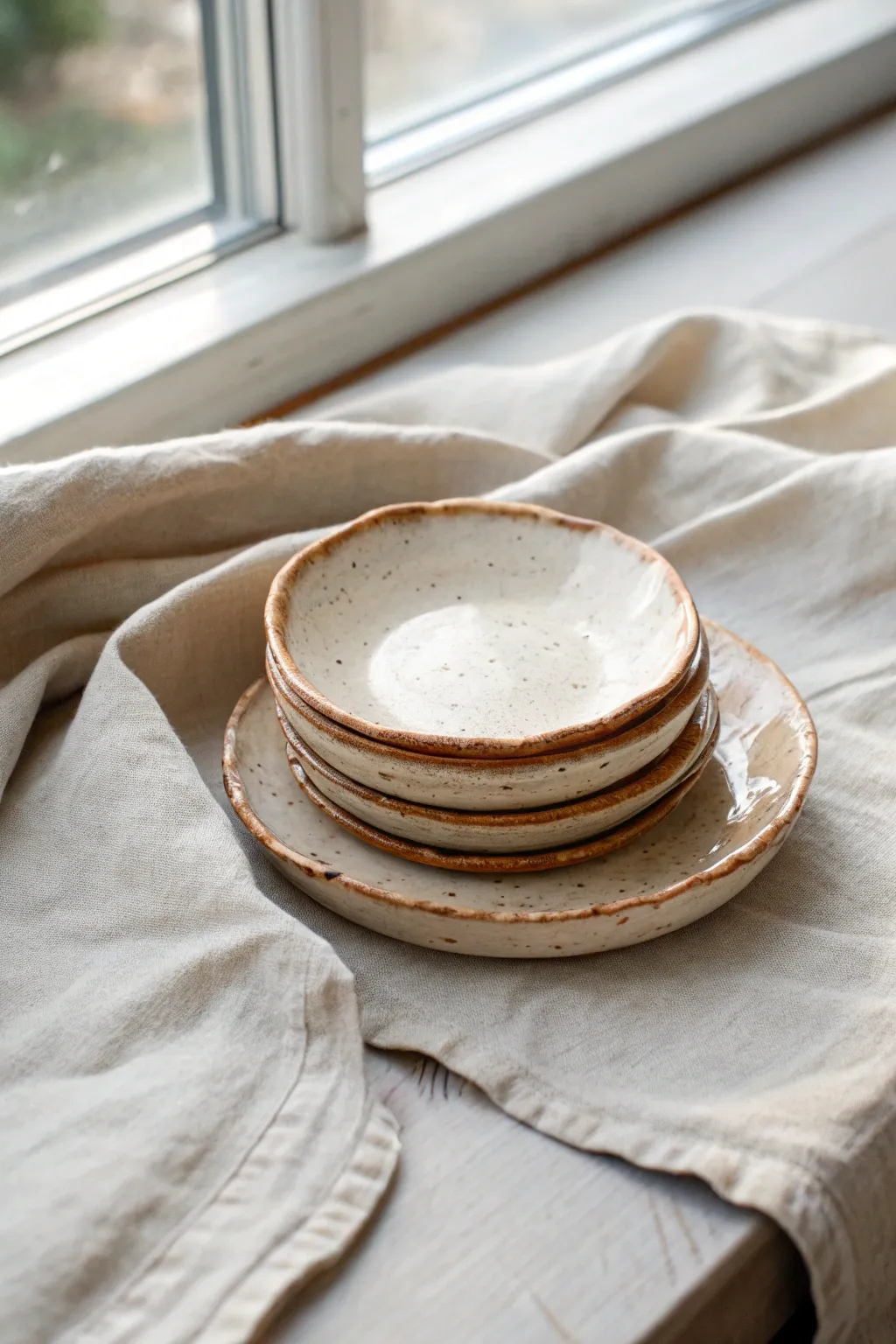 Organic-edge slab plates with soft satin glaze, styled simply on linen for cozy minimal vibes.