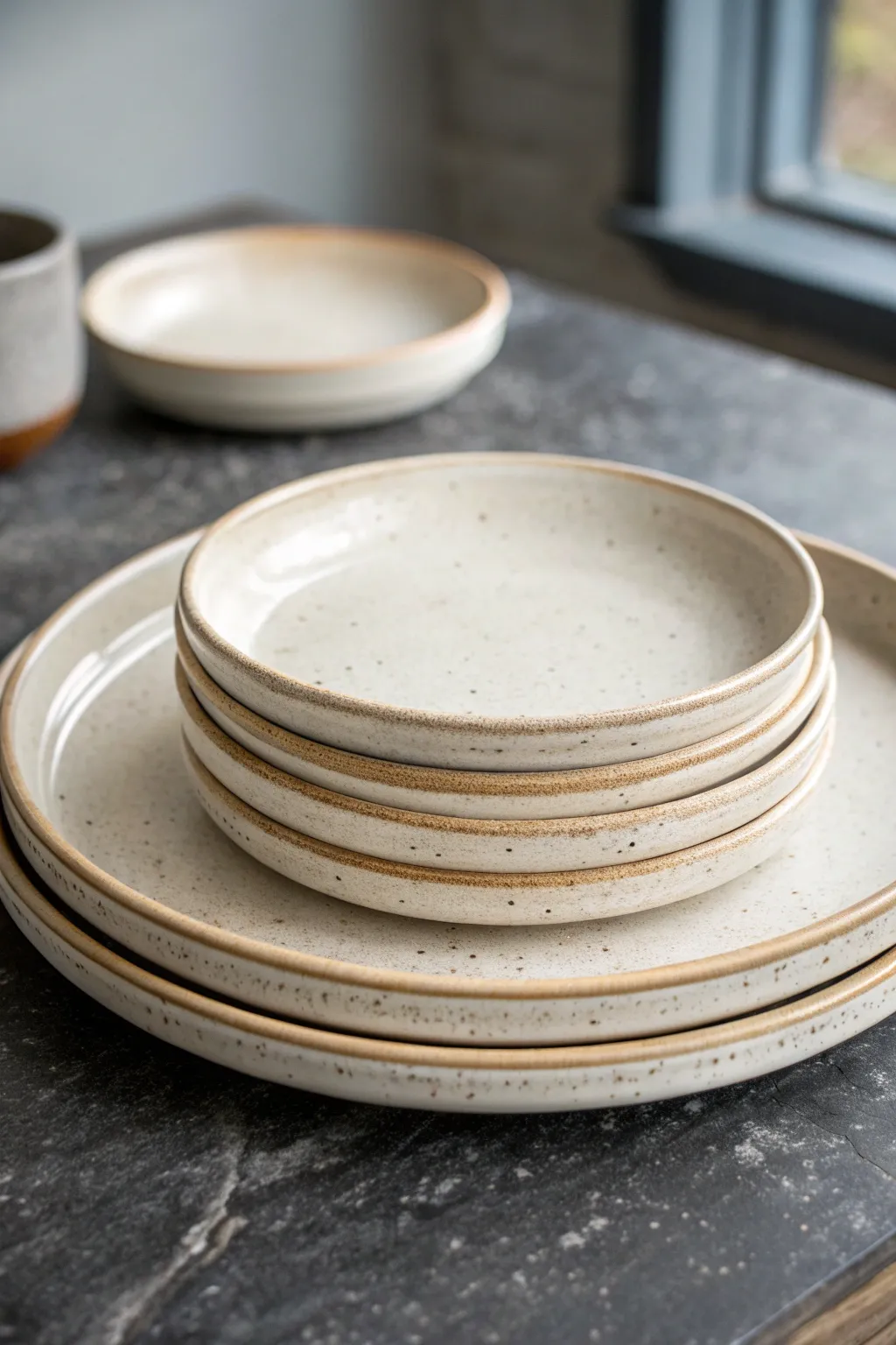 Classic slab-built dinner plates stacked in soft natural light, simple glazes, handmade calm