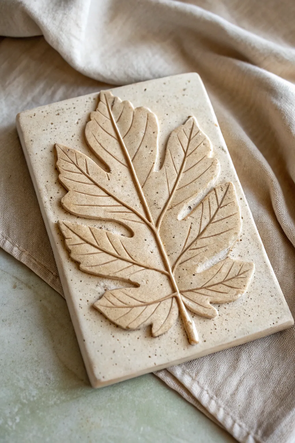 Minimal botanical slab relief tile with crisp leaf veins and an earthy handmade finish