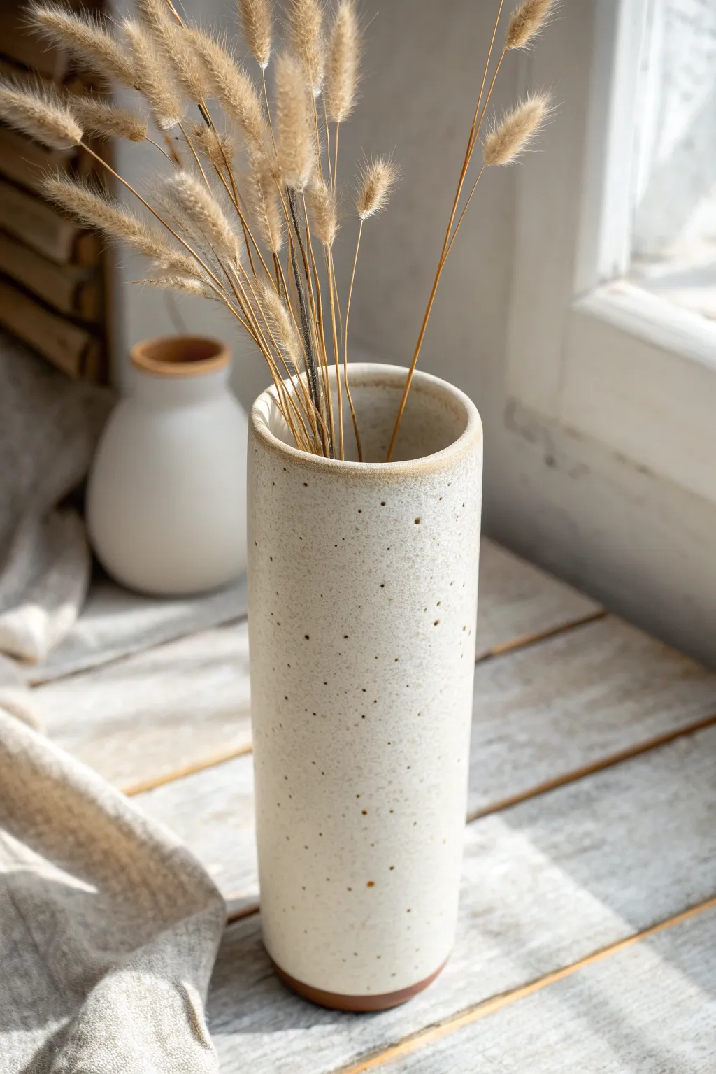 Classic slab cylinder vase with a clean seam and satin glaze, styled with simple dried stems