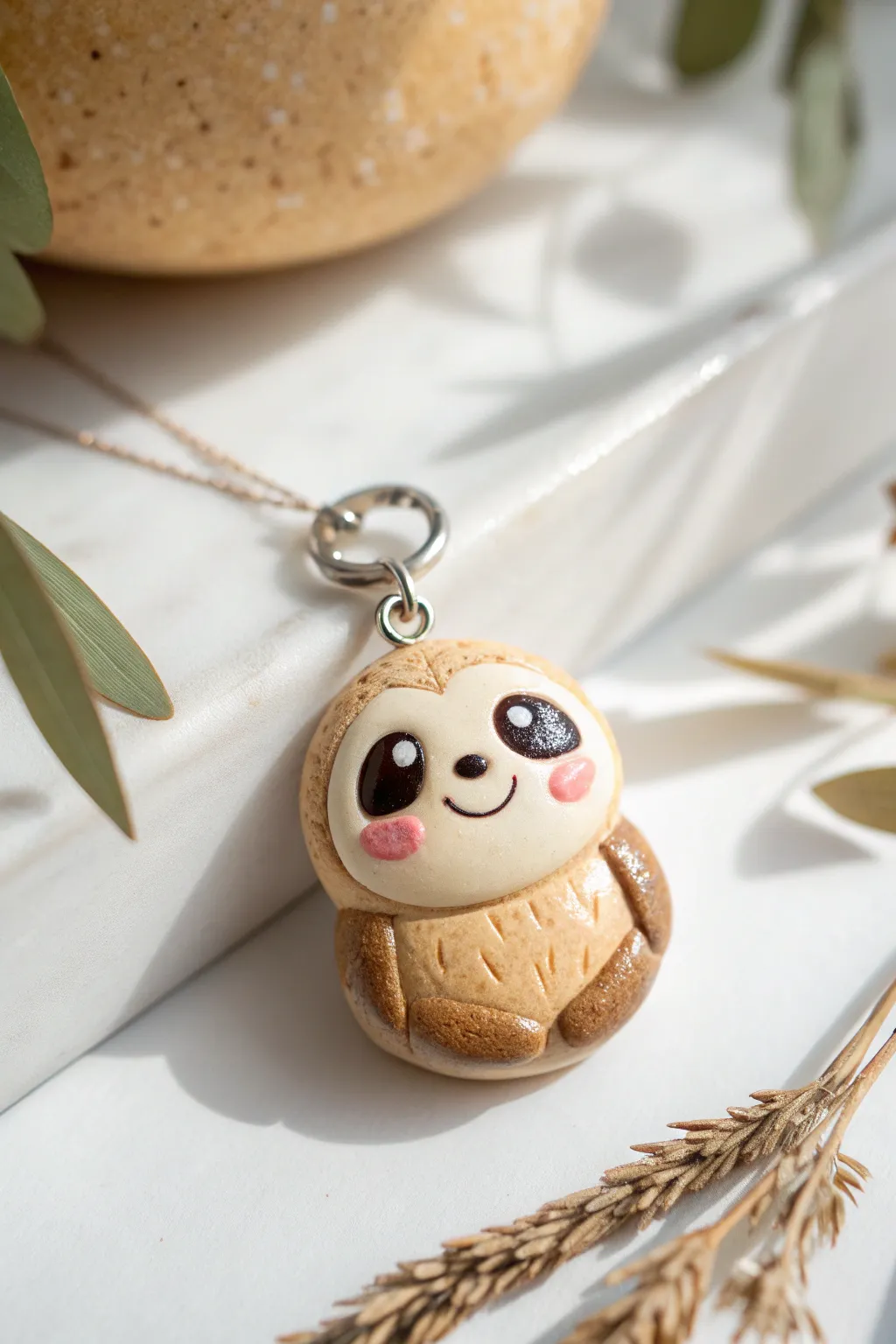 Kawaii sloth charm in soft clay tones, minimalist white backdrop, sweet blush and cozy boho feel