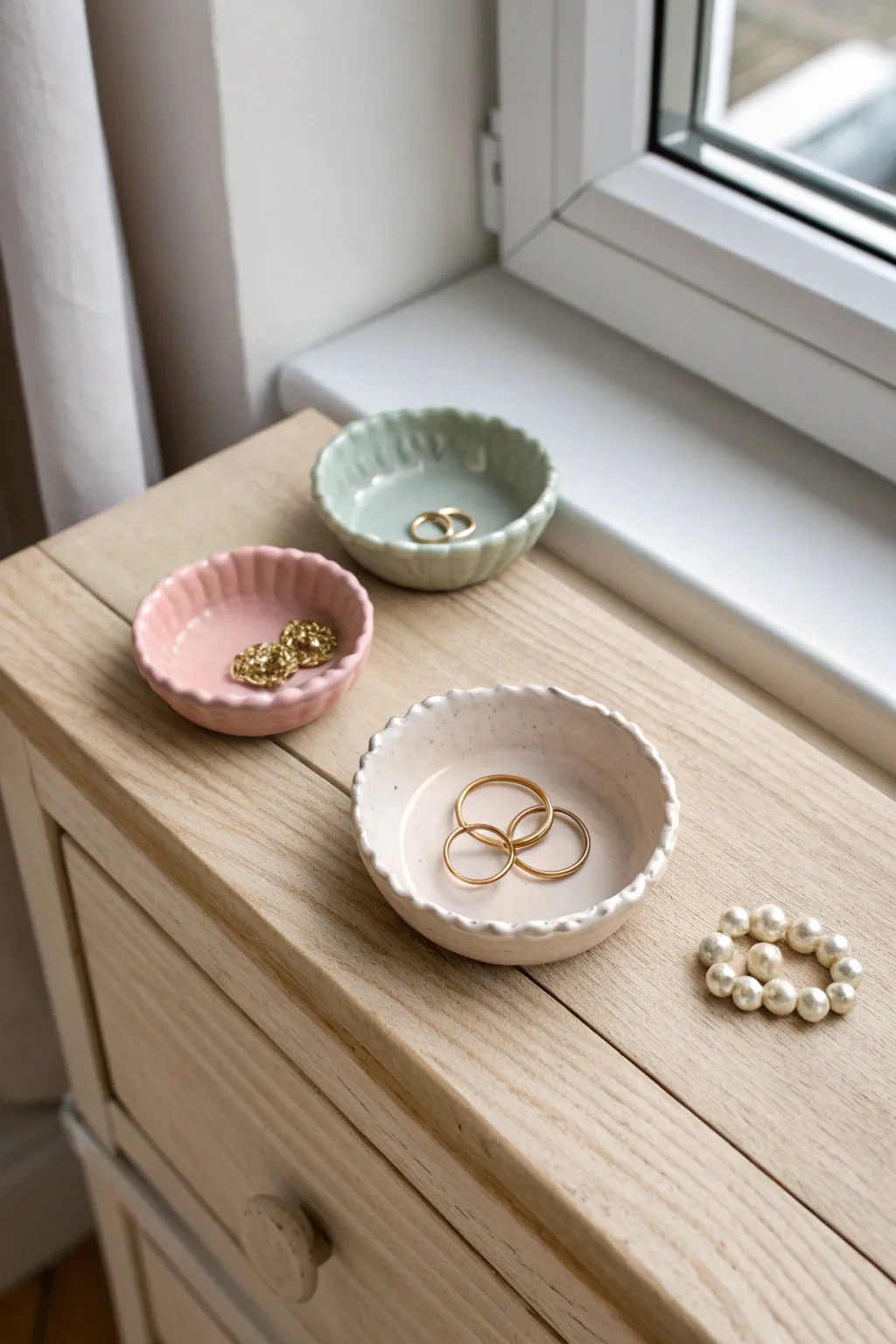 Soft pastel mini trinket dishes with hand-pinched rims, perfect for rings and studs.