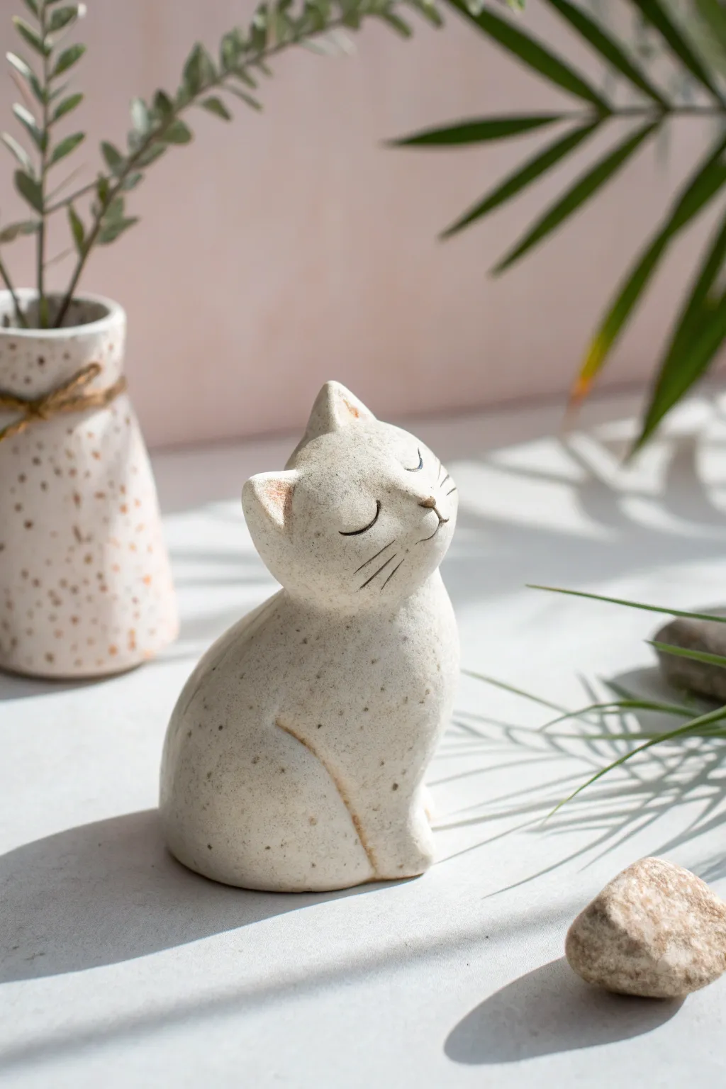 Tiny sleeping clay cat loaf with soft curves and calm minimalist charm on a pastel backdrop.