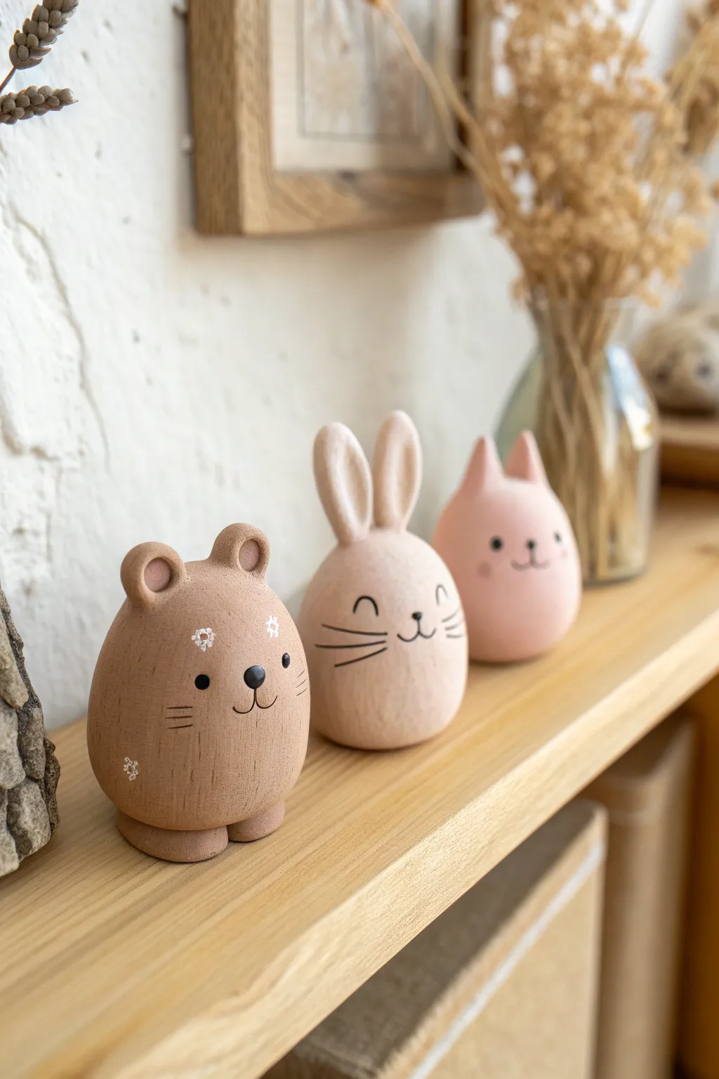 Tiny round clay bear, bunny, and cat figurines with blush cheeks in a sweet minimalist lineup