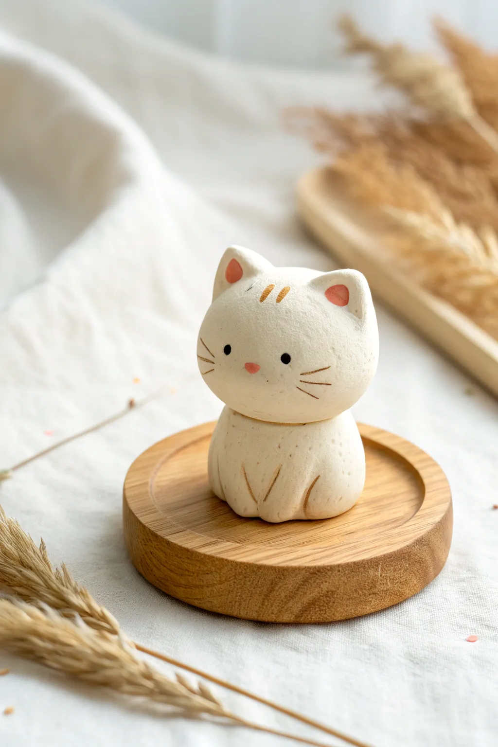 Tiny chibi cat mini with a big head, simple dot eyes, and cozy Scandinavian-boho vibes