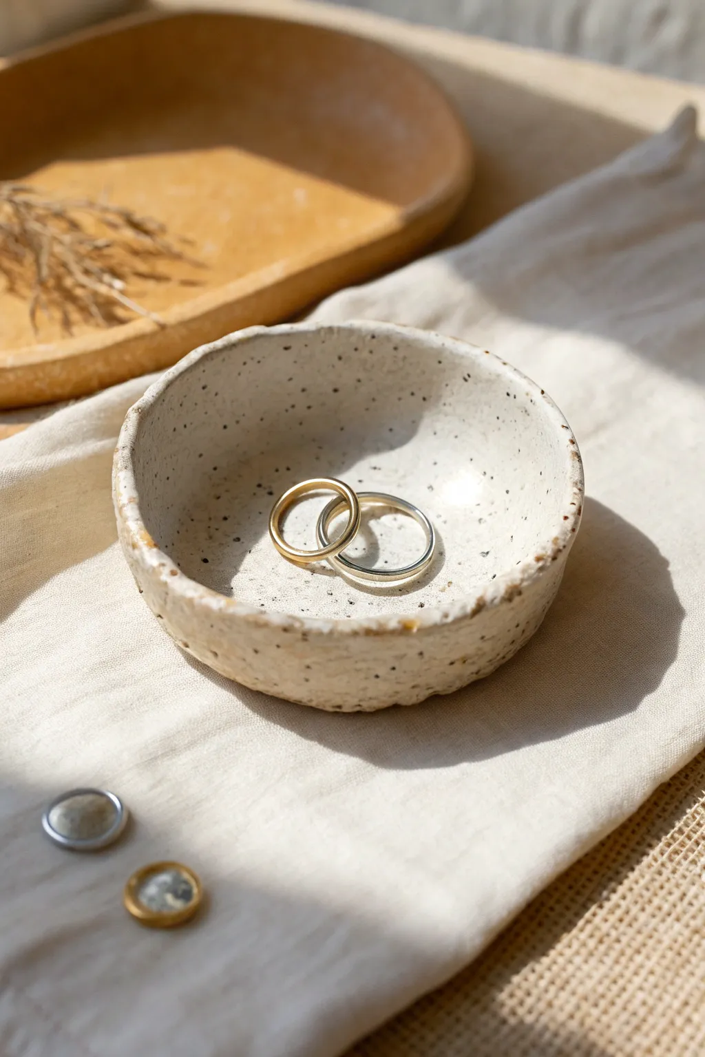 Beginner-friendly pinch pot trinket dish with soft organic edges, perfect for rings and coins