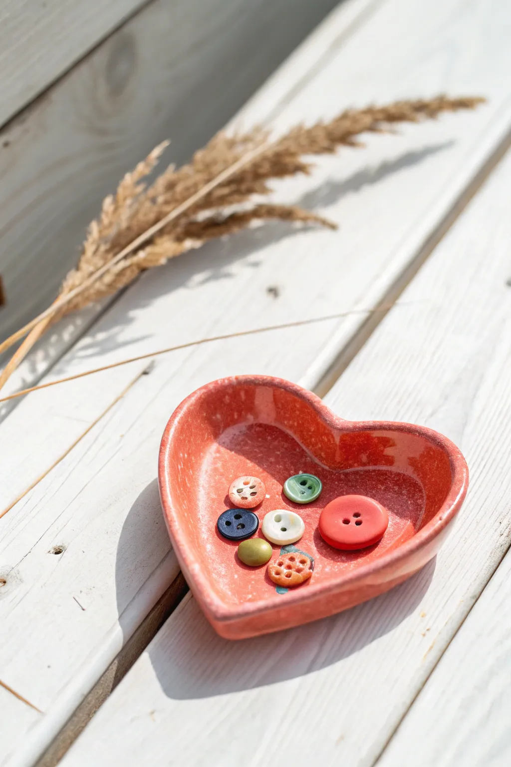 Mini heart pinch-pot dish for kids: a sweet little treasure spot for buttons and beads.