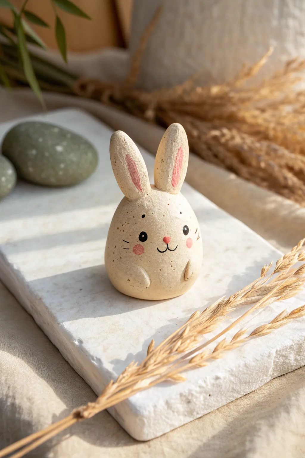 Palm-sized kawaii bunny figurine in soft pastels, minimalist Scandinavian styling, handmade charm