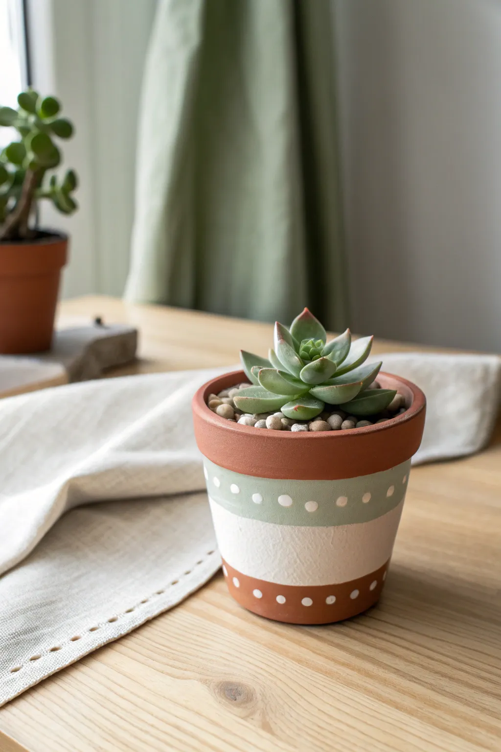 Classic painted mini planter: a striped clay pot with a tiny succulent in soft daylight.