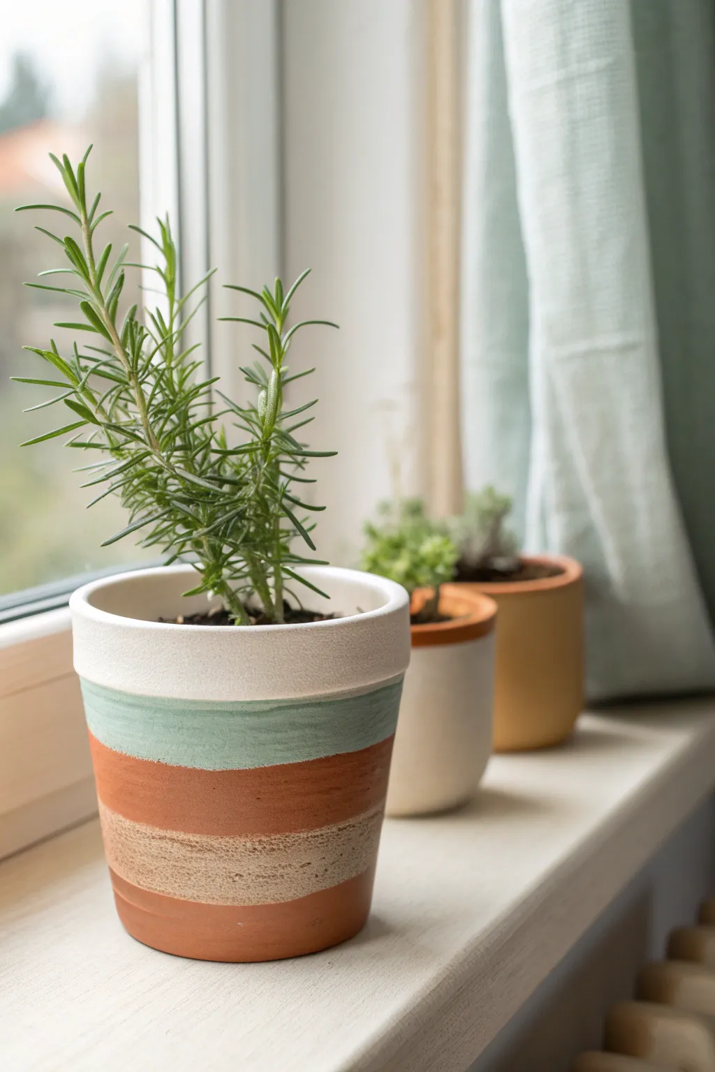 Color-blocked small clay pot on a bright windowsill, clean modern bands with simple greenery.
