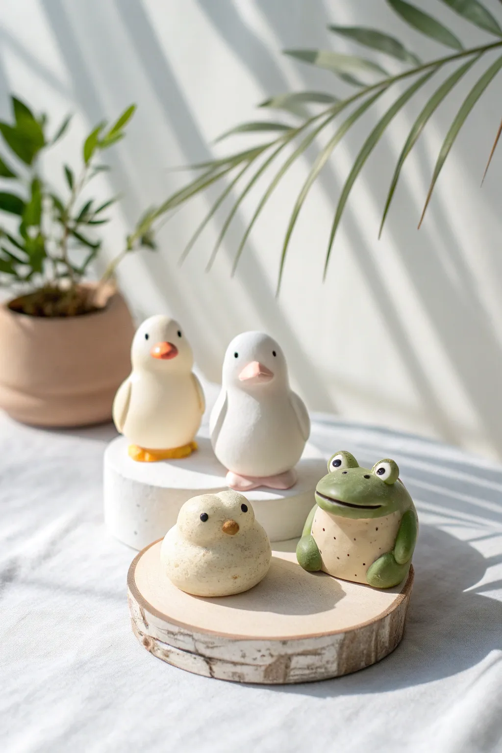 Tiny round clay animals, duck penguin and frog, simple shapes with clean minimalist charm.