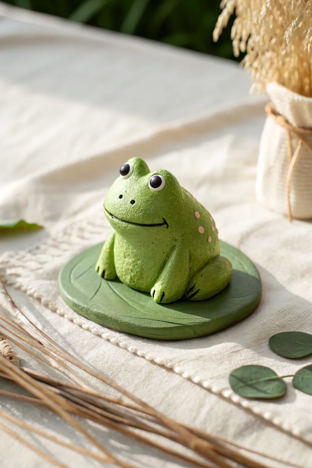 Tiny clay frog on a lily pad—an easy, sweet sculpture idea with minimalist boho charm.