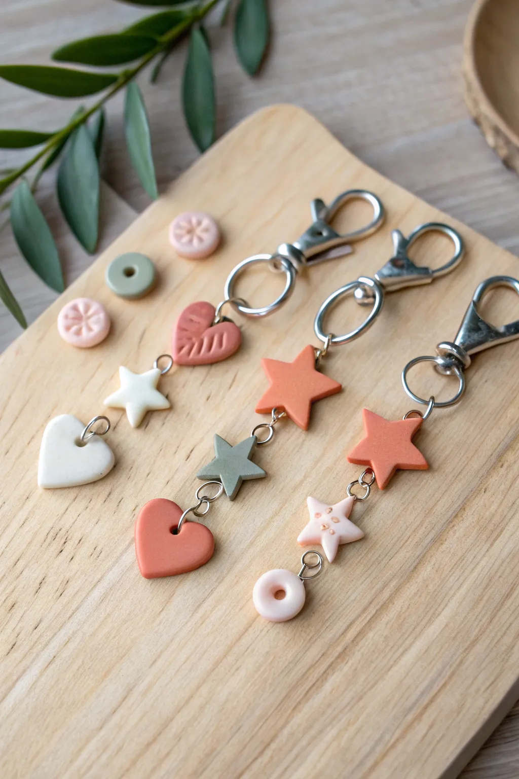 Mini polymer clay charms in soft neutrals, styled on light wood with a keyring for scale