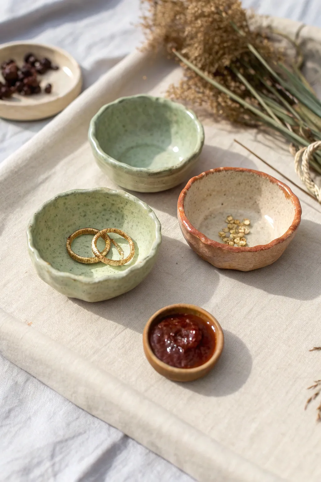 Softly uneven pinch pot condiment dishes in calm glazes for salt, dips, or ring storage