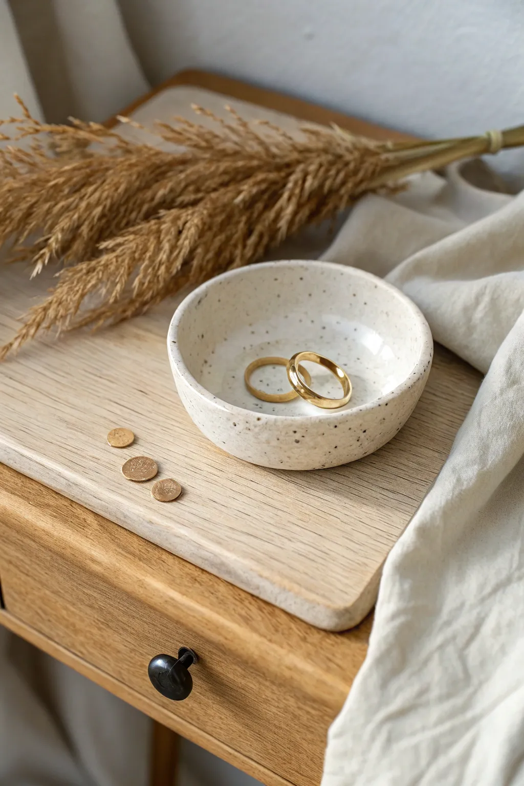 Tiny pinch-pot trinket dish in soft speckled clay, perfect for rings and coins by the bed