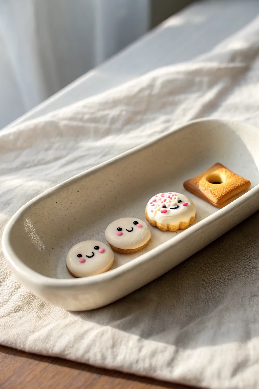 Tiny smiling clay food charms on a minimalist dish cute, simple, and beginner-friendly