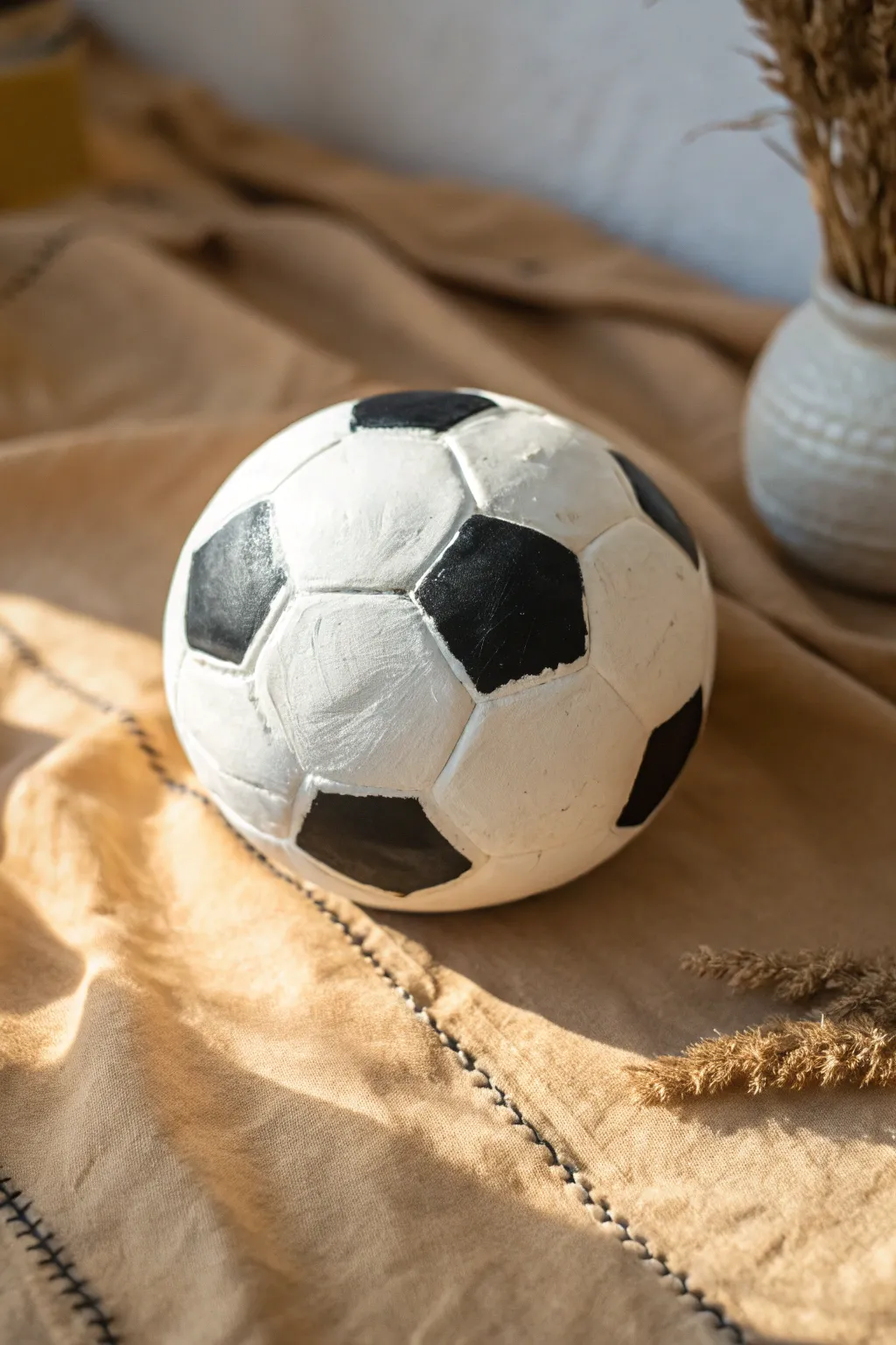 Classic clay soccer ball with crisp black-and-white panels in a clean, minimalist setting.