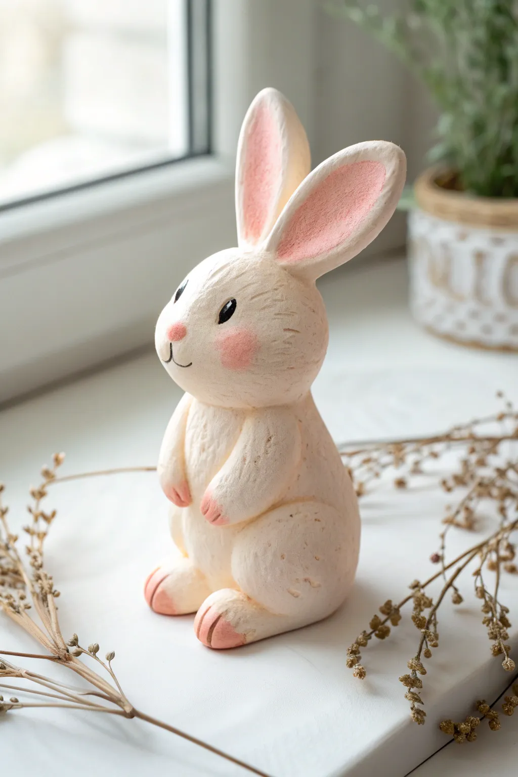 Pastel soft clay bunny buddy with rosy cheeks, minimalist shapes, and a cozy handmade charm