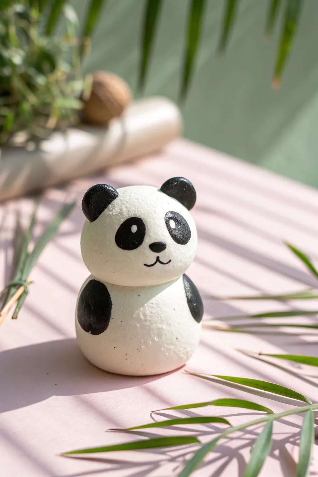 Easy soft clay idea: a round panda mini figure with clean details on a bright pastel backdrop