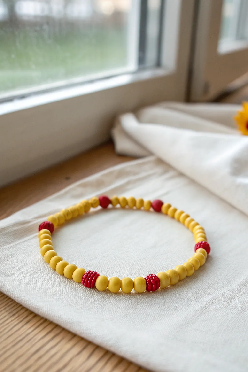 Softball-yellow clay disc bracelet with red stitch-style spacers, clean minimalist and sporty.