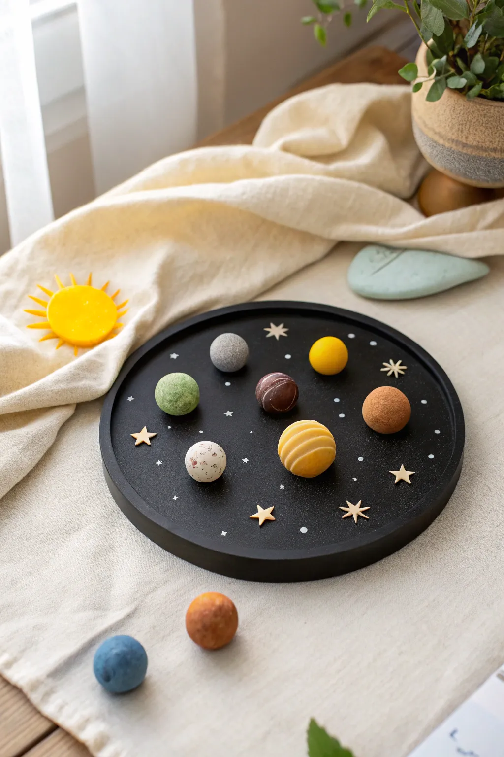 Minimalist solar system clay diorama with matte black base, bright sun, and tiny planets in order.