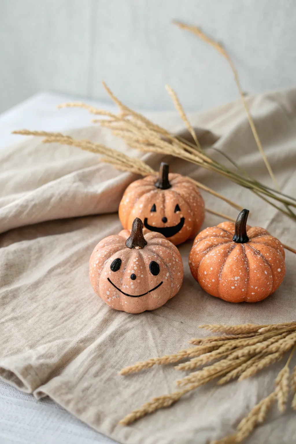 Palm-sized jack-o-lantern minis in warm clay tones, simple faces, cozy minimalist Halloween decor