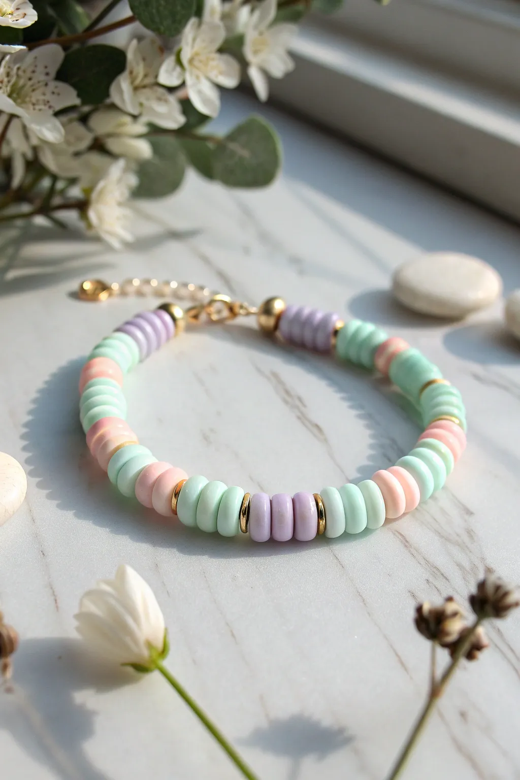 Pastel color-blocked heishi bracelet on marble for an airy spring look with minimalist charm