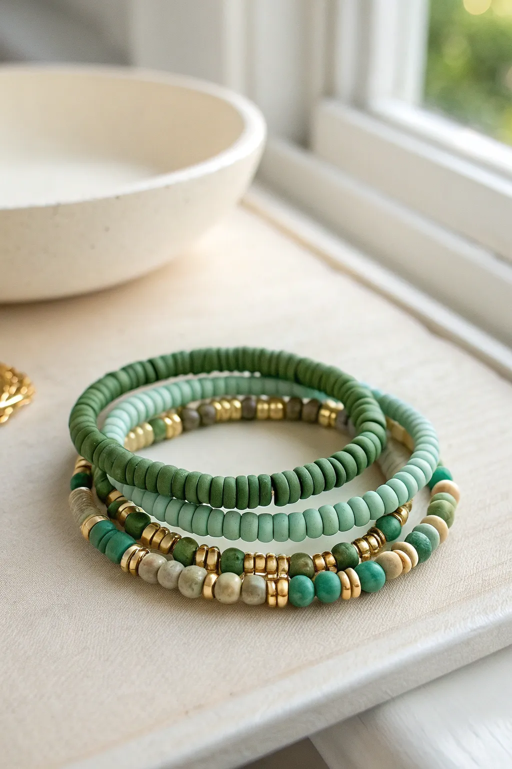 Classic green and gold lucky stack: three easy clay bead bracelets for St Patricks Day charm
