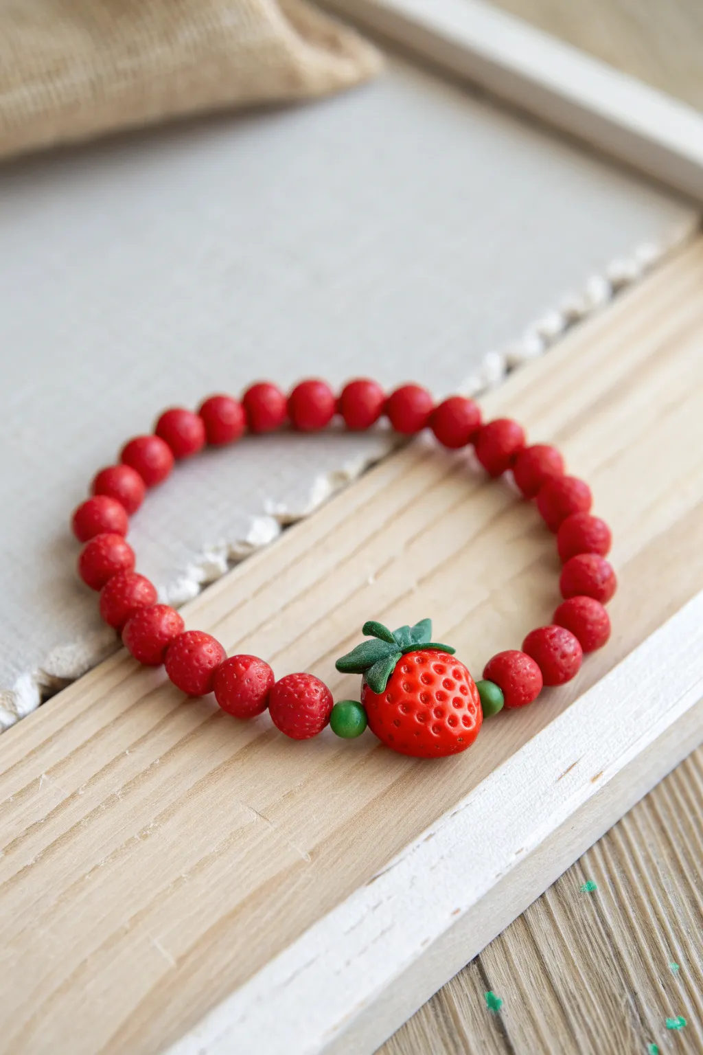 Classic red and green strawberry clay bead bracelet on a light table, minimal and handmade charm.