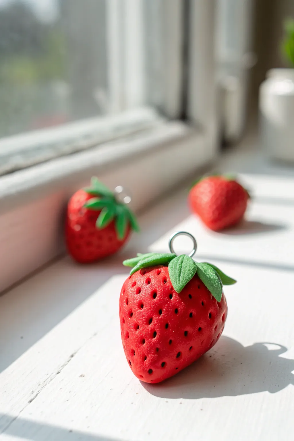 Classic clay strawberry charms with crisp seed texture and fresh green tops on clean white backdrop.