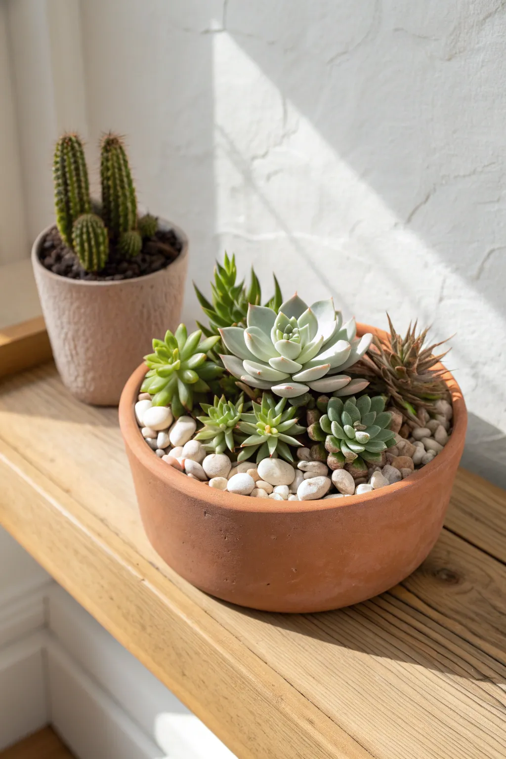 Classic terra cotta succulent planter with pale pebble top dressing, clean and calming.