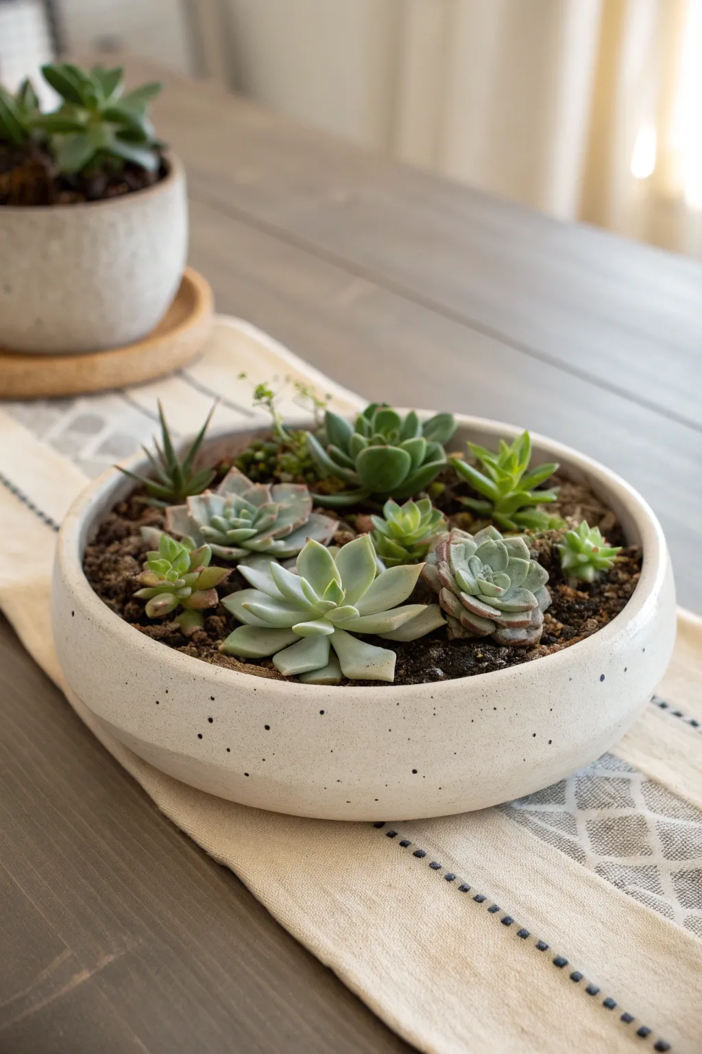 Classic shallow ceramic dish succulent tray with stone topdressing, minimal and serene.
