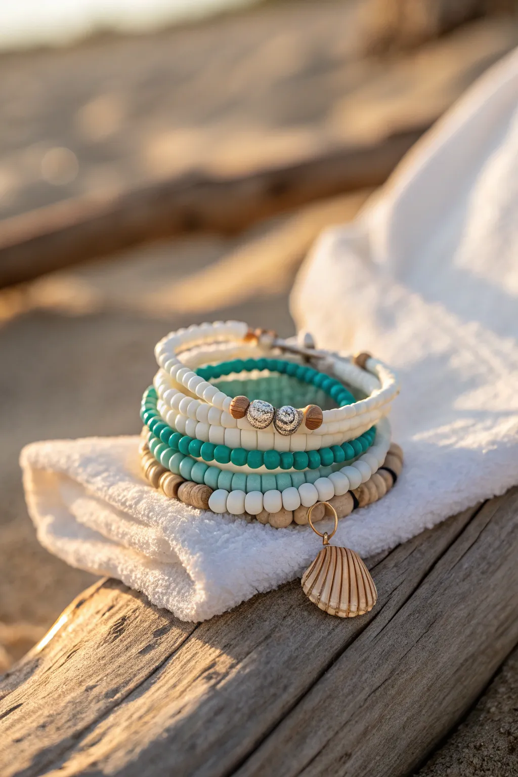 Classic beachy heishi stack in turquoise, white, and sand with a simple shell charm glow