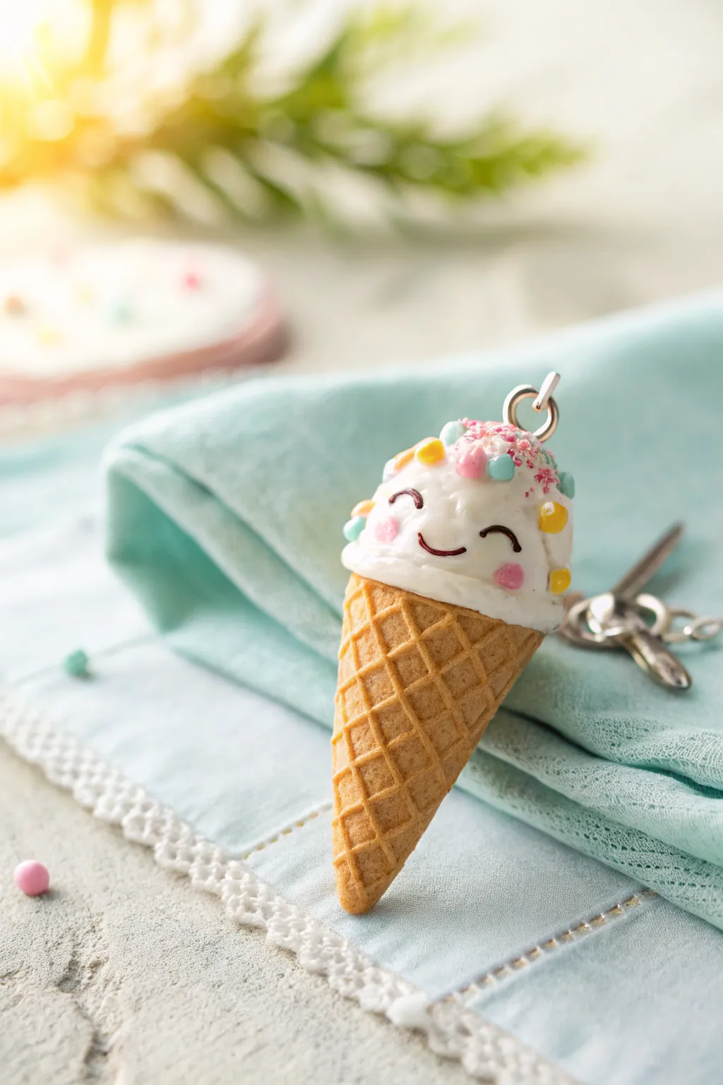 Sweet summer DIY: smiling polymer clay ice cream cone charm with pastel sprinkles, Pinterest ready.