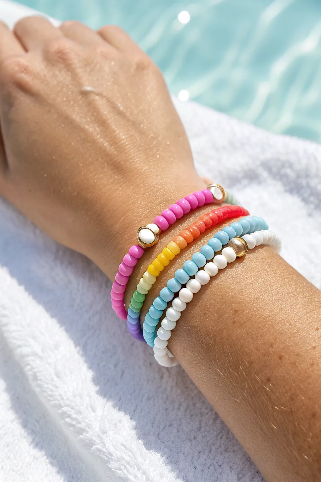 Classic rainbow clay heishi stack with white spacers, styled on a sunlit towel for summer vibes.