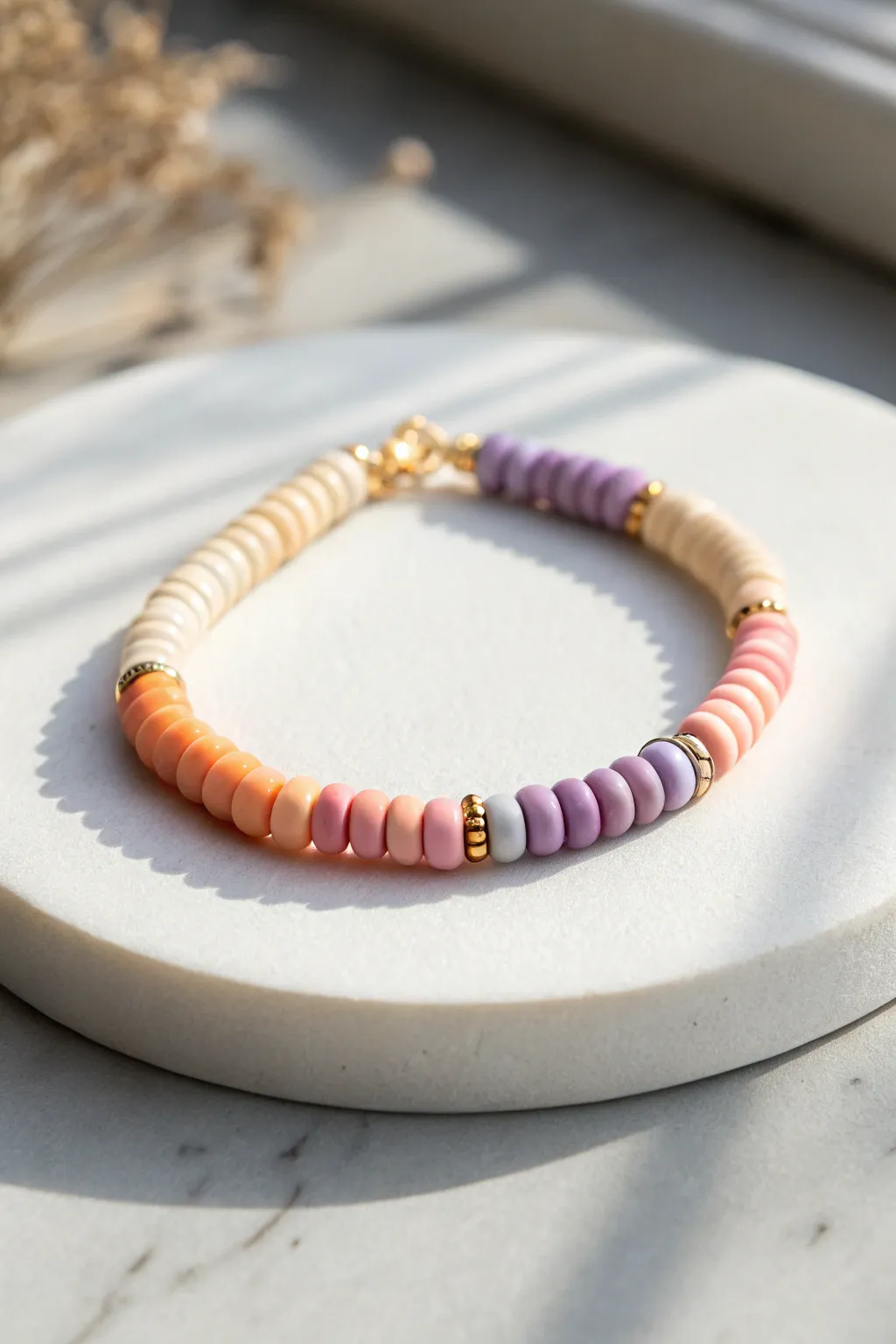 Classic sunset ombre heishi clay bracelet in soft minimal styling for easy DIY inspiration.