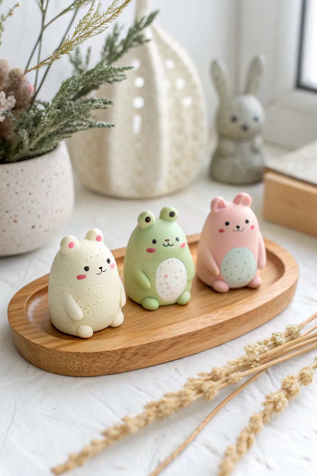 Chubby kawaii super clay bunny frog and bear figurines styled in soft Scandi boho minimalism