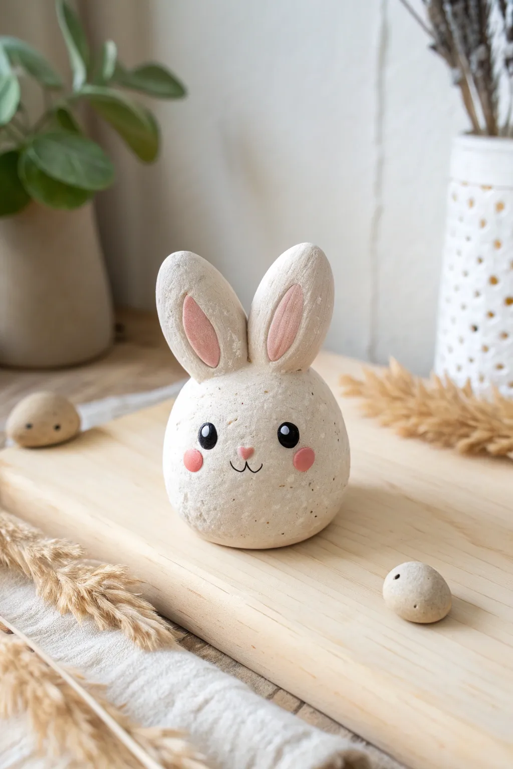 Chunky kawaii bunny mini in matte clay, dot eyes and blush cheeks on light wood, minimalist