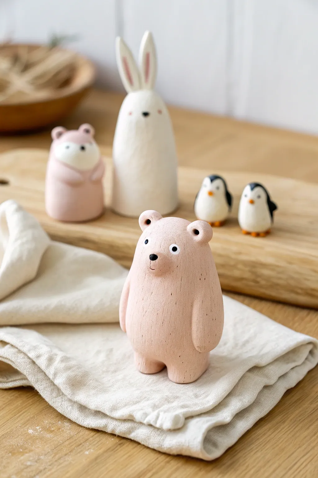 Palm-sized super light clay bear with pastel mini friends in soft minimalist boho styling