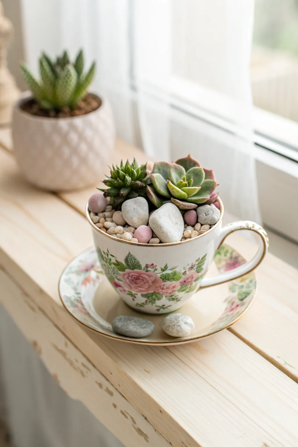 Floral teacup planter with tiny succulents and pebbles for a bright, cottagey shelf accent
