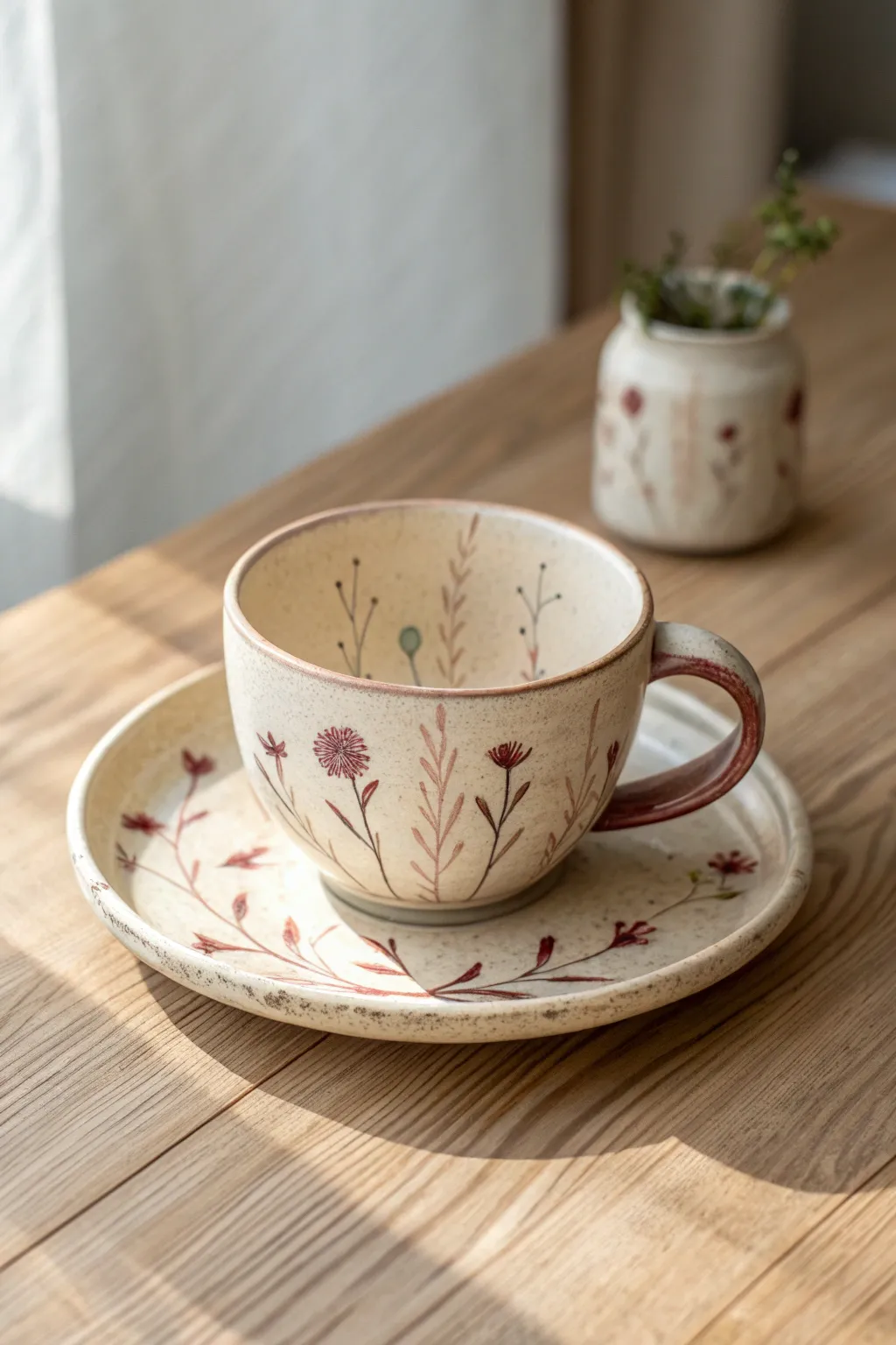Classic floral tea cup with delicate vine details, styled on light wood for a Nordic boho feel.
