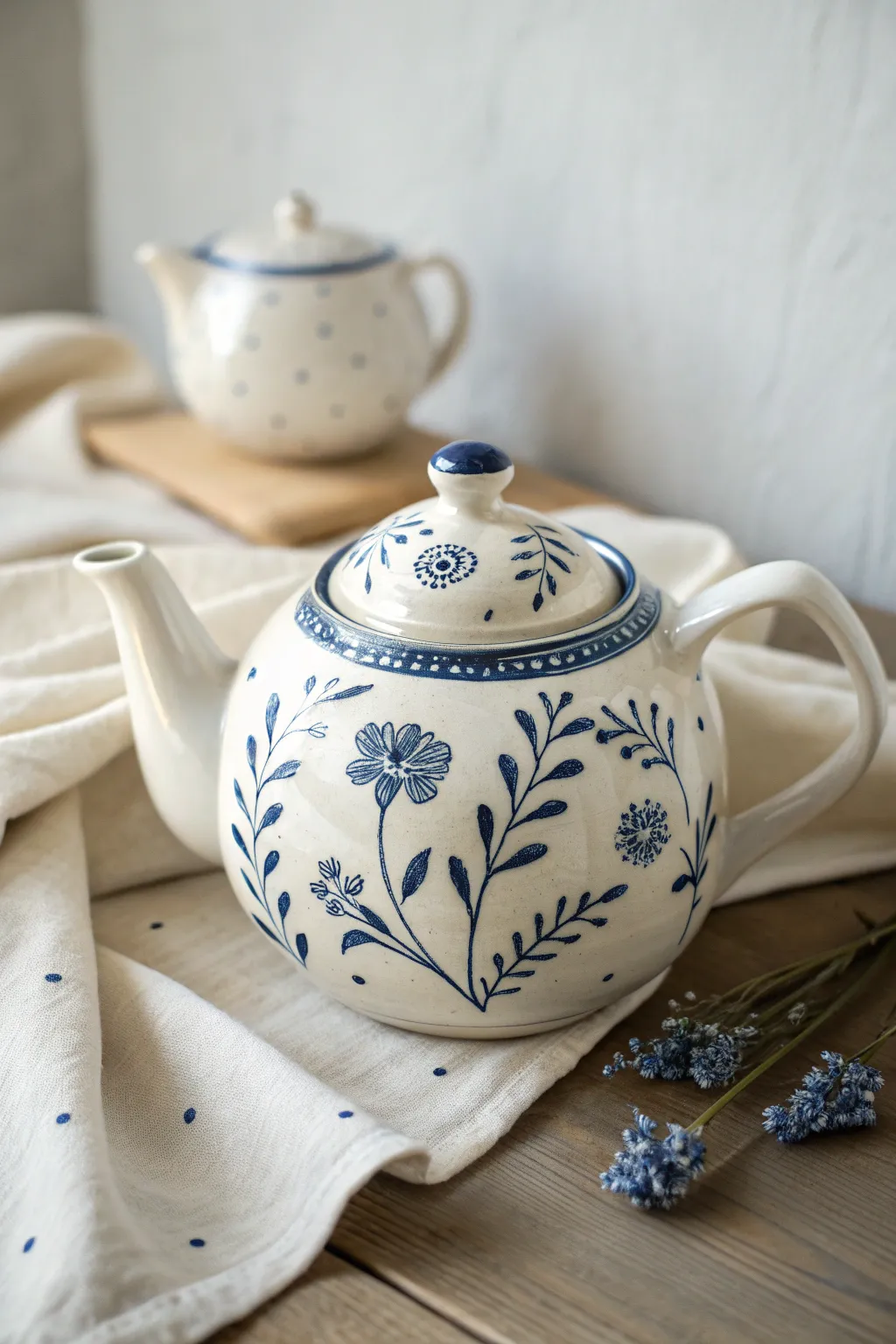 Classic blue-and-white floral teapot painting with crisp curls and dots, timeless and minimalist