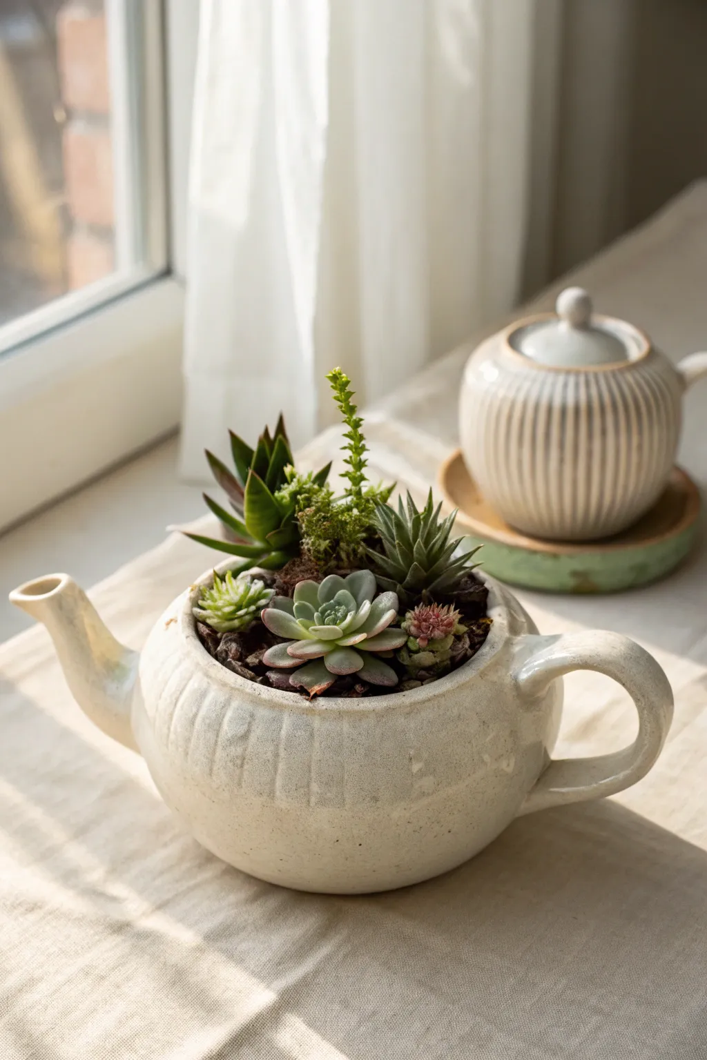 Classic teapot succulent planter in soft clay tones, minimal styling, warm light, and crisp contrast